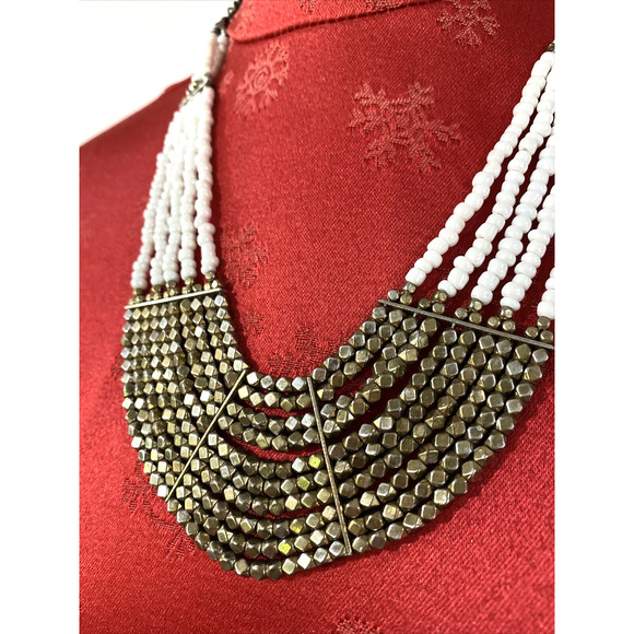 Beaded Multi Strand Bib Statement Necklace Boho White Faux Pearls Gold Metallic - Picture 2 of 7